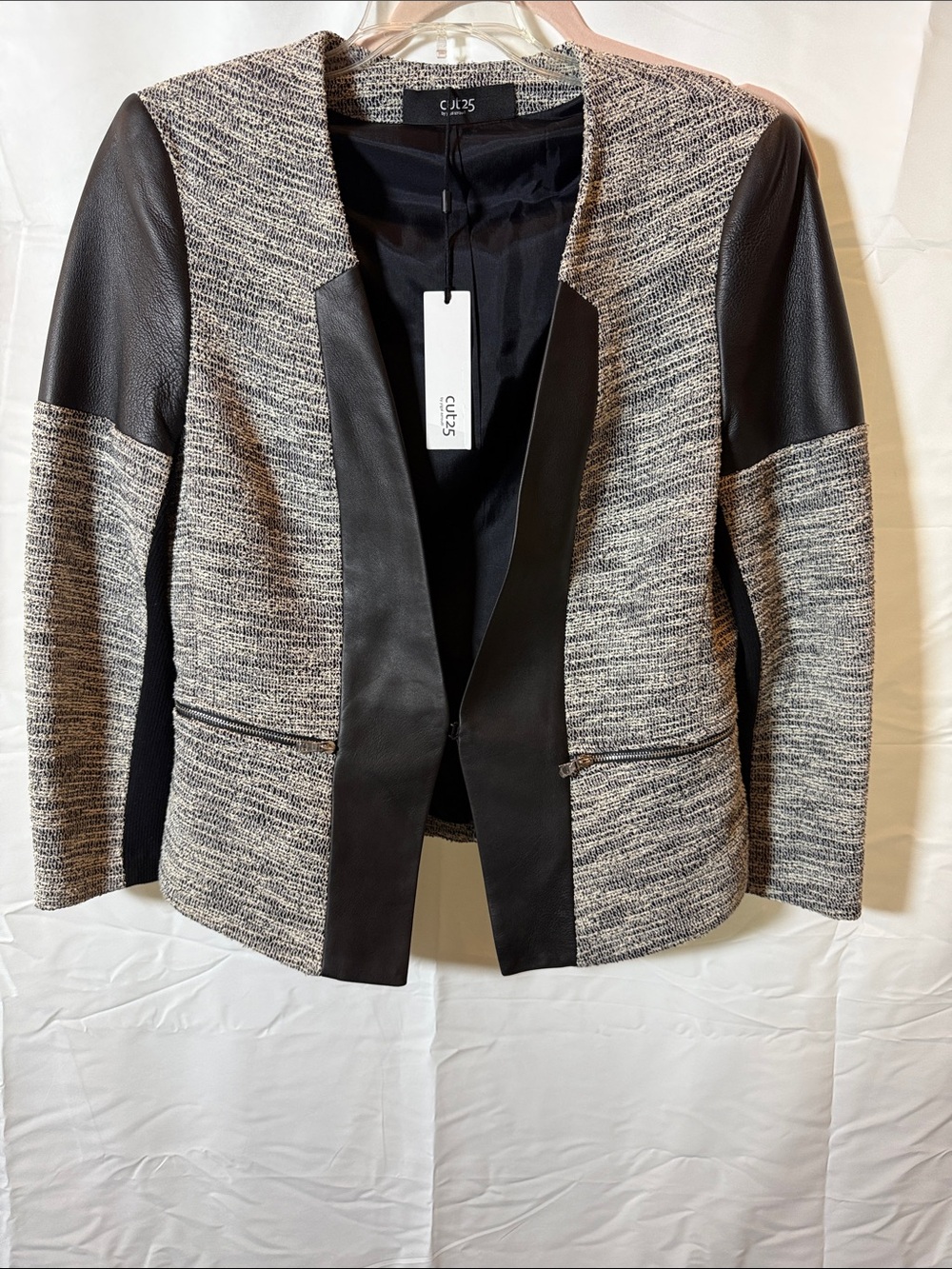 Women's Black & Gray Tweed Leather Blazer Jacket